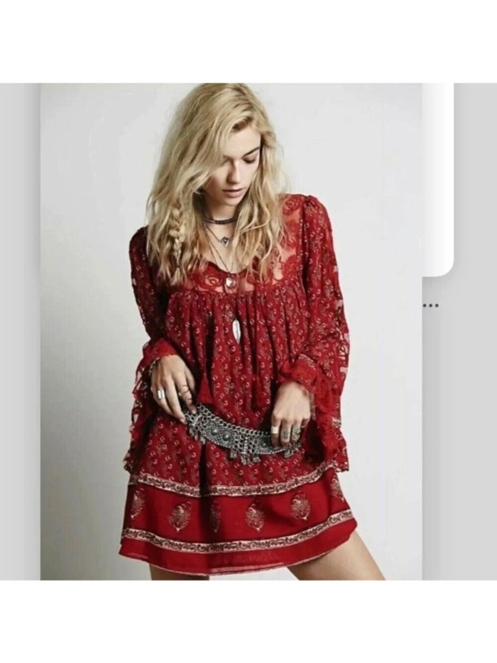 Free People Redβ Nomad Child Boho Tunic Mini Dress S Floral Lace Tassels